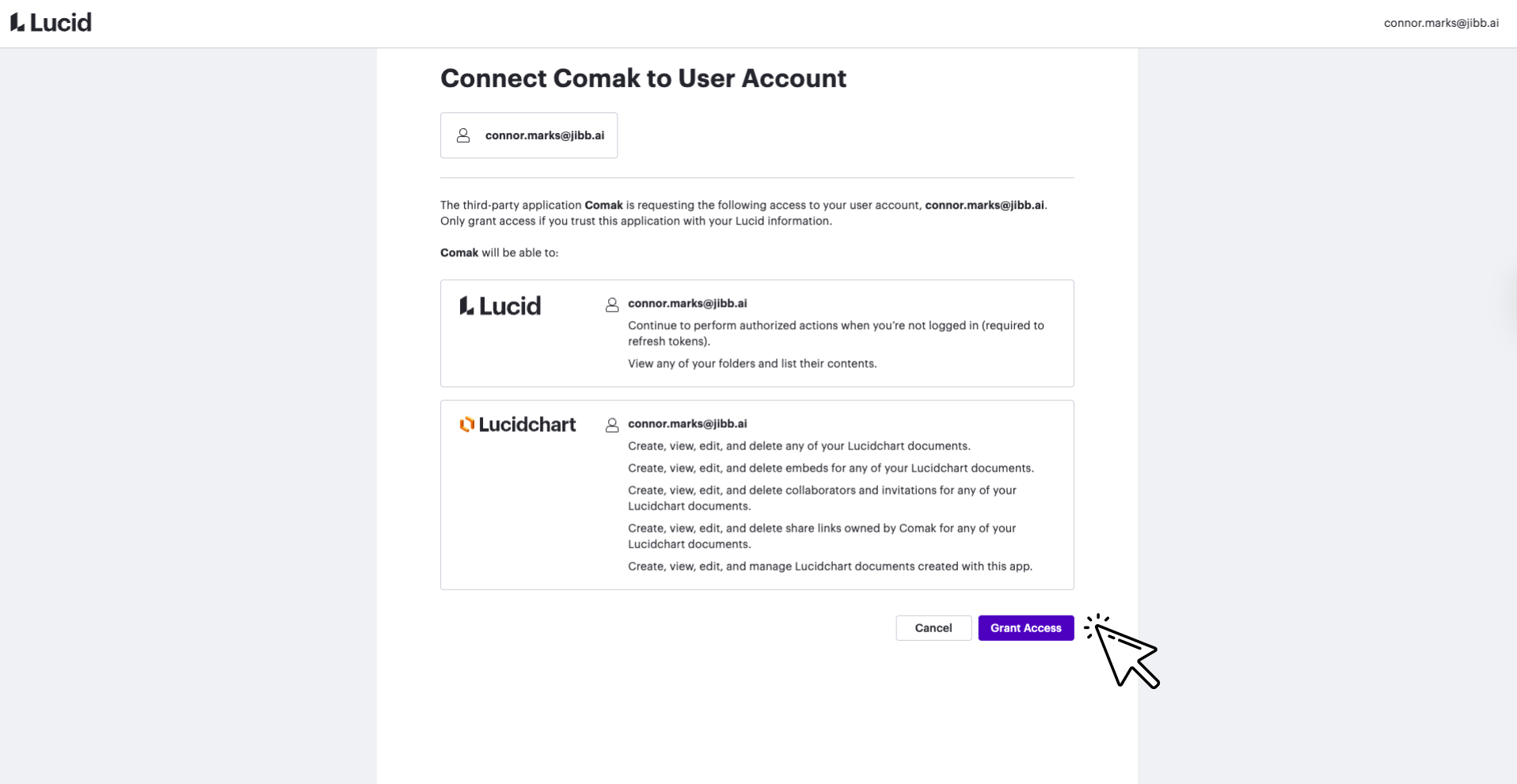 Lucid interface showing 'Connect Comak to User Account' screen with comak user's email, app permissions for Lucid and Lucidchart, and a cursor clicking the purple 'Grant Access' button.