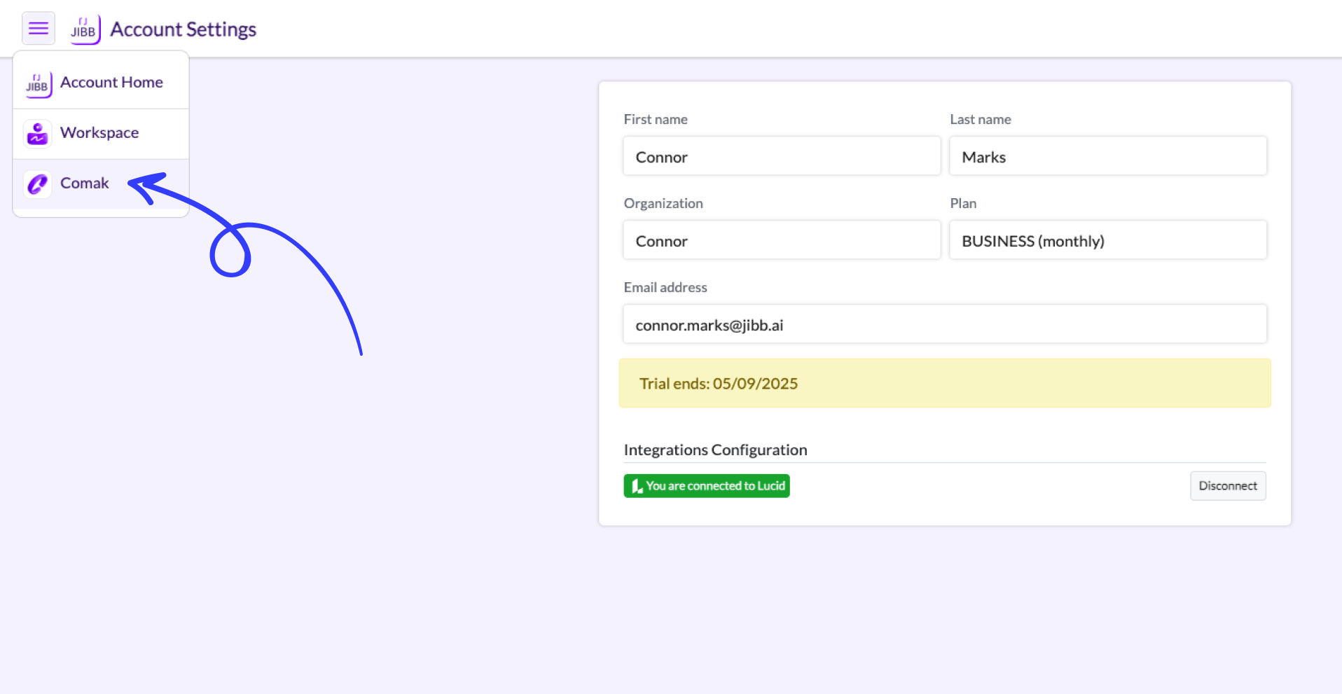 Account Settings page showing user details with first name Connor, last name Marks, organization Connor, and BUSINESS (monthly) plan, with a sidebar menu highlighting Comak.
