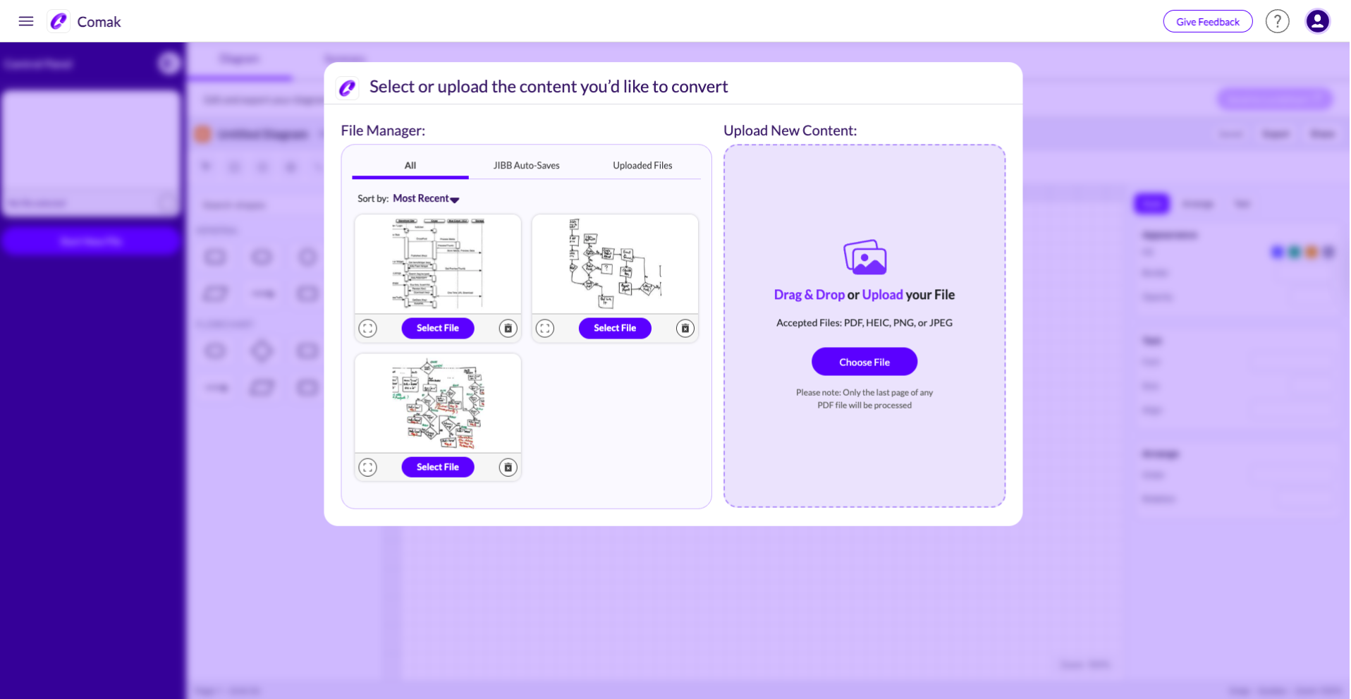 Comak interface with file manager showing three flowchart files and an upload panel for PDF, HEIC, PNG, or JPEG files.