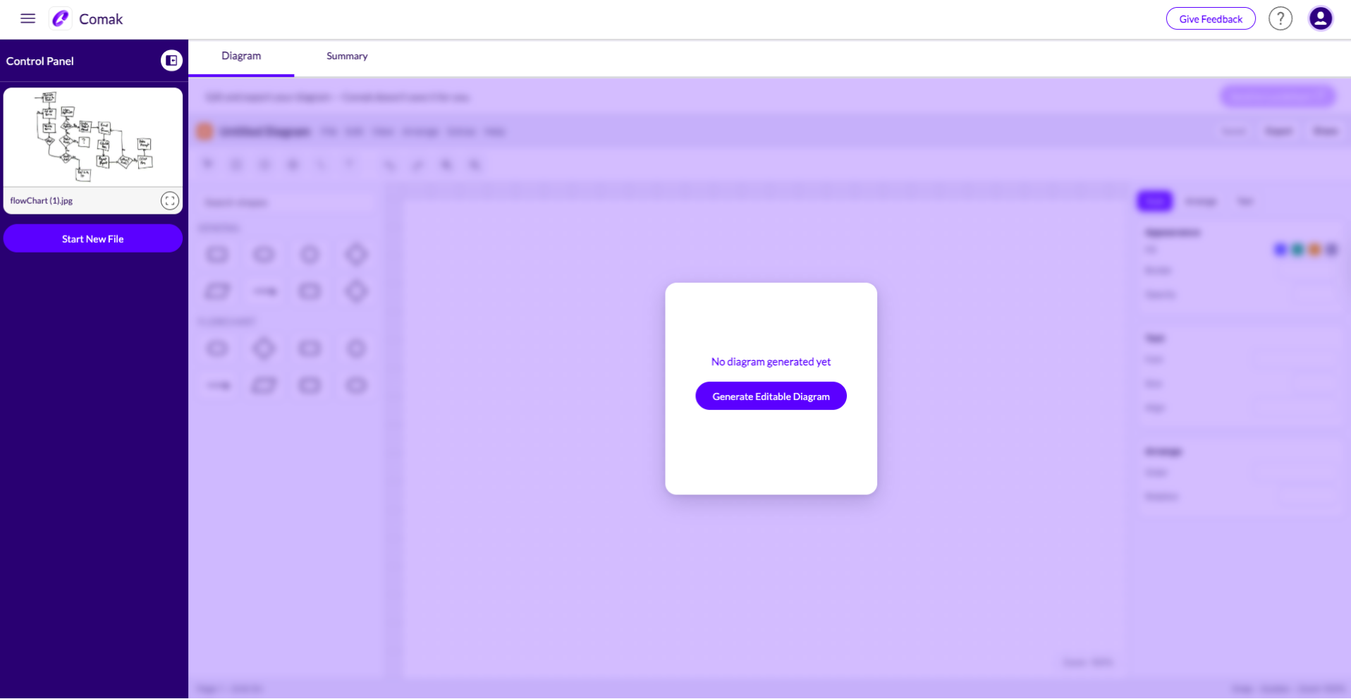 Comak software interface showing a control panel with an uploaded flowchart image on the left and a central panel prompting to generate an editable diagram.