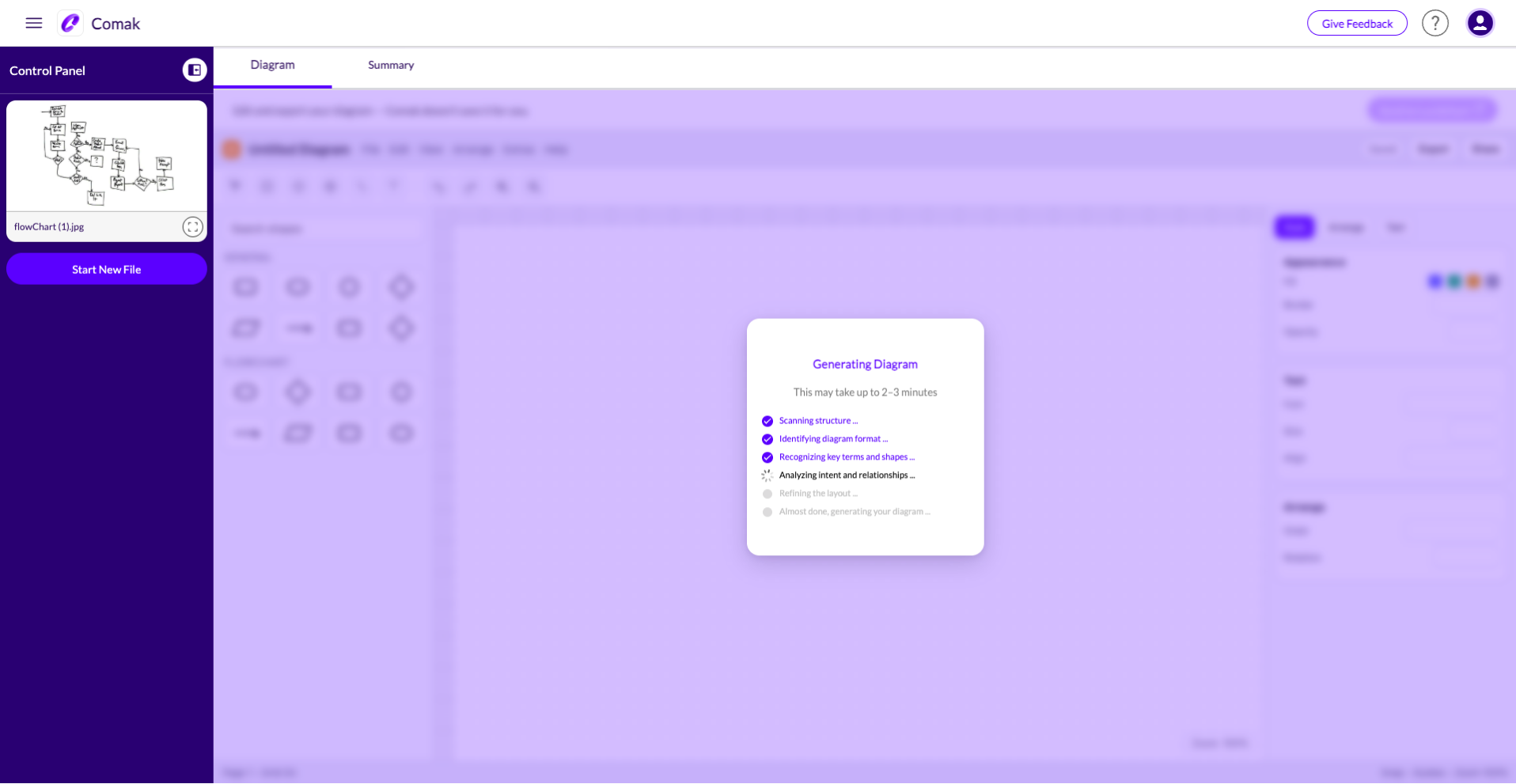 Comak web app screen showing a loading dialog titled 'Generating Diagram' with progress steps including scanning structure, identifying format, recognizing key terms, and analyzing relationships.