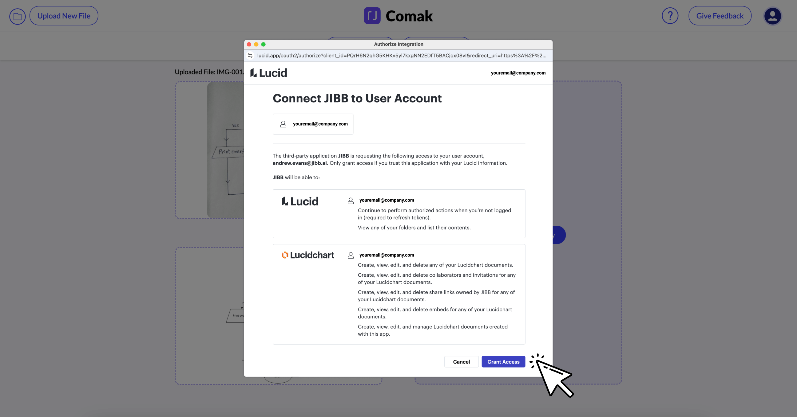 Authorization window for connecting JIBB to a user Lucid account showing requested access permissions and a cursor clicking the Grant Access button.